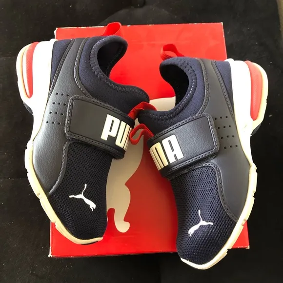 Puma Blue and Red Sneakers with Slip-On Design and Elastic Strap