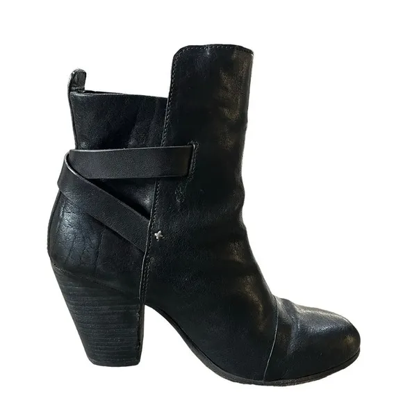 Rag &amp; Bone Leather Harlow Round Toe Adjustable Strap Heel Boots Black Sz 39 US 9