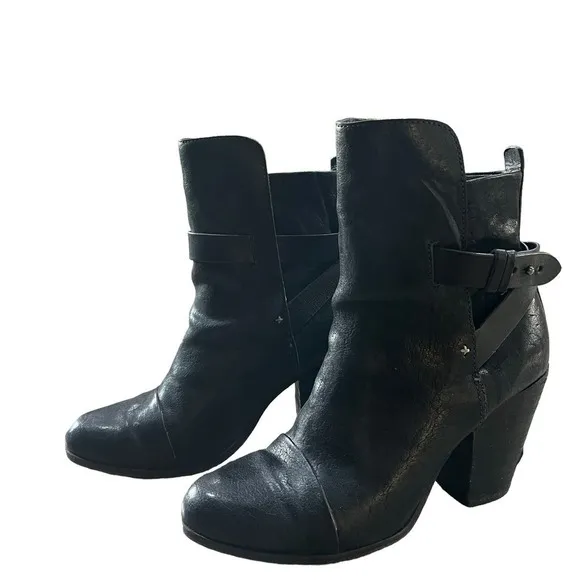 Rag &amp; Bone Leather Harlow Round Toe Adjustable Strap Heel Boots Black Sz 39 US 9
