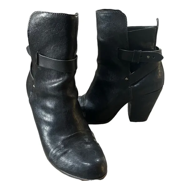 Rag &amp; Bone Leather Harlow Round Toe Adjustable Strap Heel Boots Black Sz 39 US 9