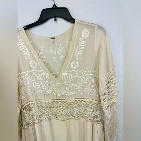 RARE Free People Ella Fringe Silk Embroidered Dress in Ivory