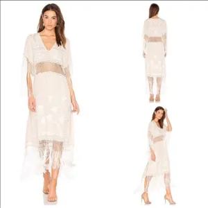 RARE Free People Ella Fringe Silk Embroidered Dress in Ivory
