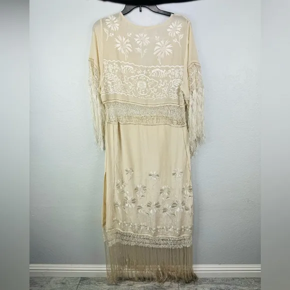 RARE Free People Ella Fringe Silk Embroidered Dress in Ivory