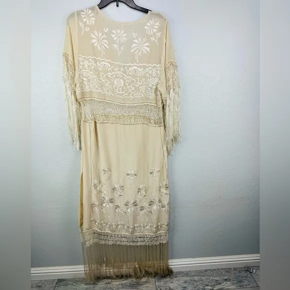 RARE Free People Ella Fringe Silk Embroidered Dress in Ivory