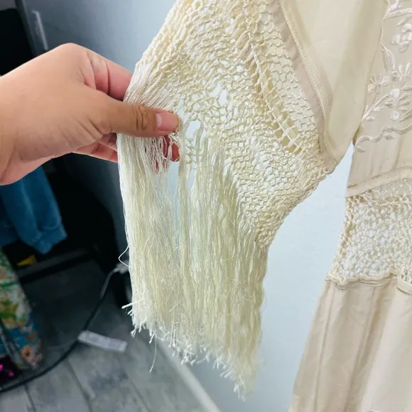RARE Free People Ella Fringe Silk Embroidered Dress in Ivory