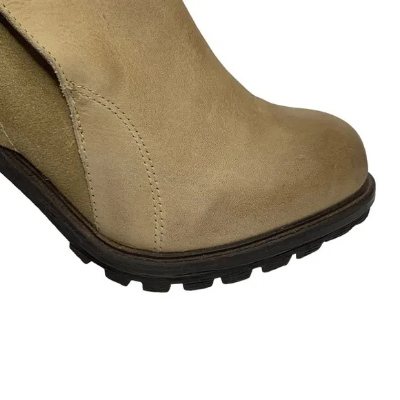 Rebel Beige Taupe Lug Sole 3.4” Stacked Wooden Heel Tall Ankle Boots Size 37