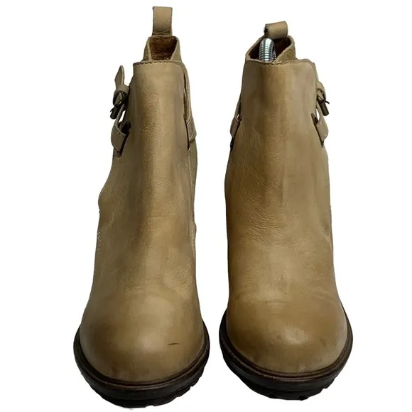 Rebel Beige Taupe Lug Sole 3.4” Stacked Wooden Heel Tall Ankle Boots Size 37