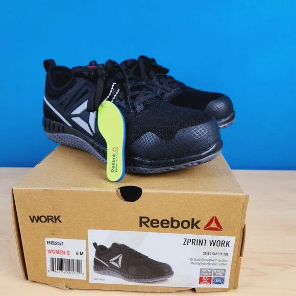 Reebok ZPrint Work RB4251 Womens‎ Size 6 Shoes Steel safety Toe MemoryTech Black