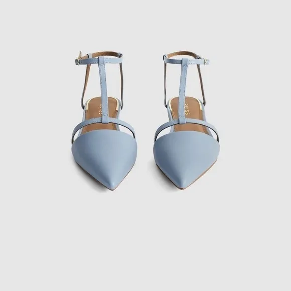 REISS Olivia Blue Leather T-Bar Flats​​​​​​​​​​​​​​​​