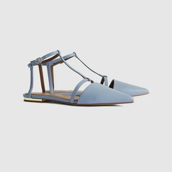 REISS Olivia Blue Leather T-Bar Flats​​​​​​​​​​​​​​​​
