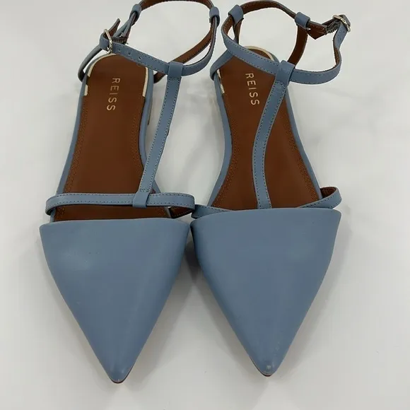 REISS Olivia Blue Leather T-Bar Flats​​​​​​​​​​​​​​​​