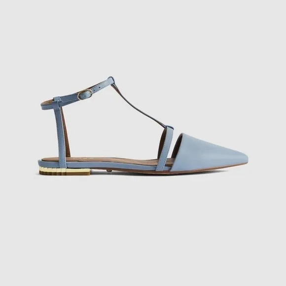 REISS Olivia Blue Leather T-Bar Flats​​​​​​​​​​​​​​​​