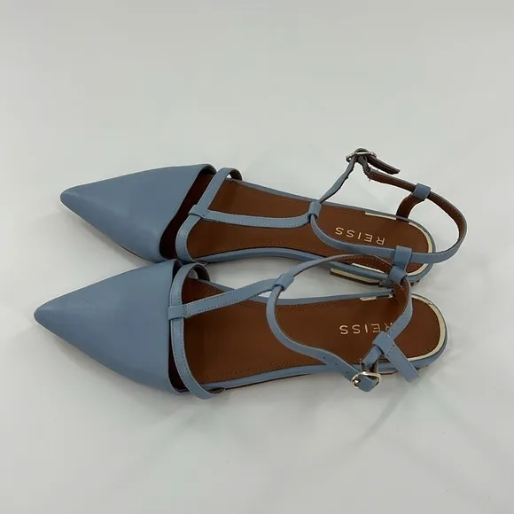 REISS Olivia Blue Leather T-Bar Flats​​​​​​​​​​​​​​​​
