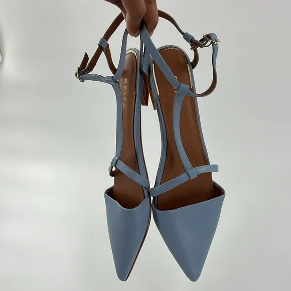 REISS Olivia Blue Leather T-Bar Flats​​​​​​​​​​​​​​​​