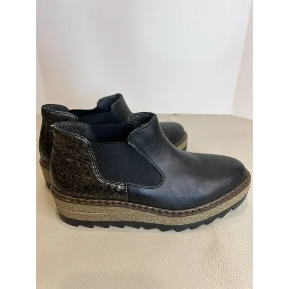 Rieker Black Silver Sz 36 Chelsea Boots Non Slip Wedge Warm