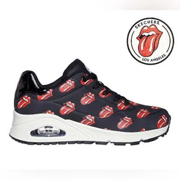 Rolling Stones Skechers Black Sneakers with classic stones mouth! Size 11 NWOT!