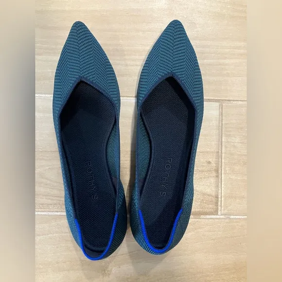 Rothy’s “The Point” Cedar Herringbone Flats | Dark Green &amp; Navy | Size 9 EUC