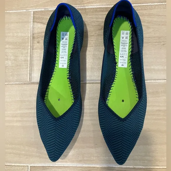 Rothy’s “The Point” Cedar Herringbone Flats | Dark Green &amp; Navy | Size 9 EUC