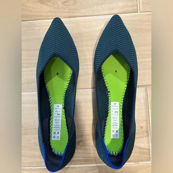 Rothy’s “The Point” Cedar Herringbone Flats | Dark Green &amp; Navy | Size 9 EUC