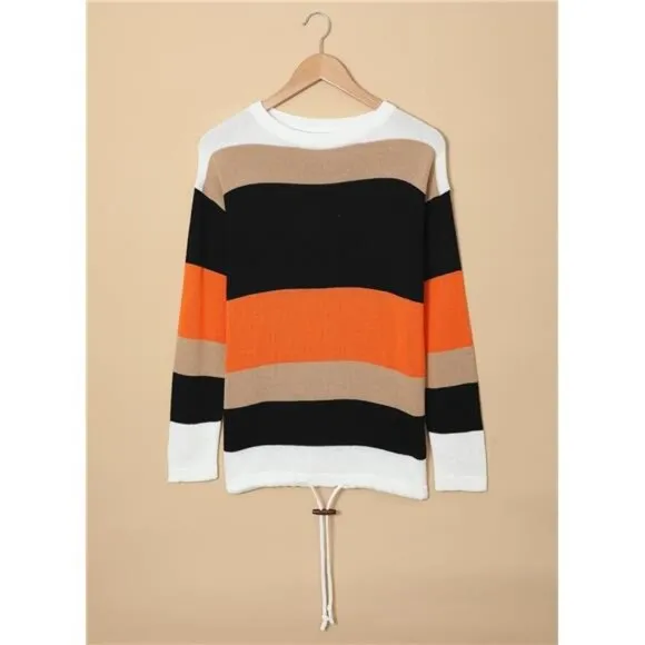 Round Neck Striped Fall Sweater - Cute Trendy Winter Pullover with Drawstring 20