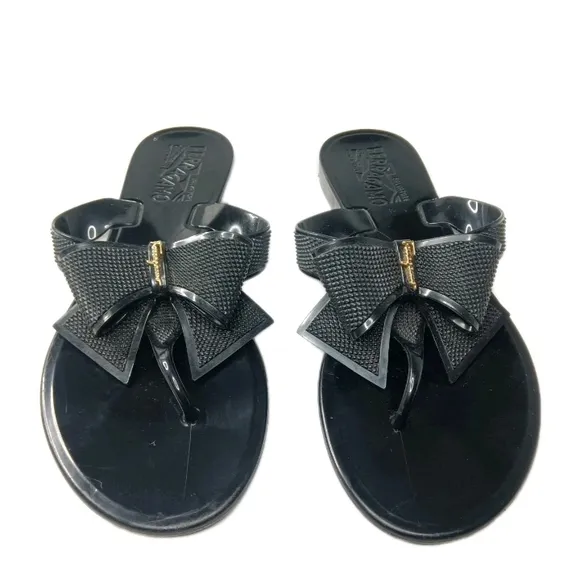 Salvatore Ferragamo Black Bow Jelly Thong Sandals Size 6 Made in Italy