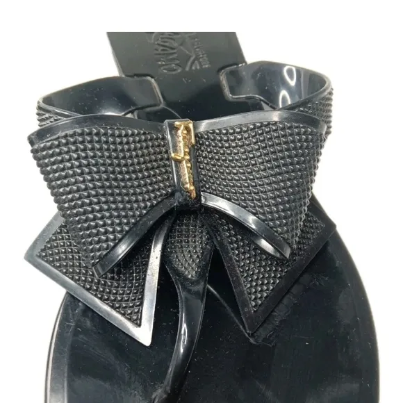 Salvatore Ferragamo Black Bow Jelly Thong Sandals Size 6 Made in Italy