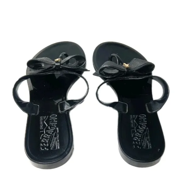 Salvatore Ferragamo Black Bow Jelly Thong Sandals Size 6 Made in Italy