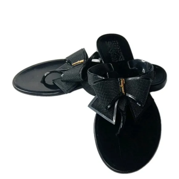 Salvatore Ferragamo Black Bow Jelly Thong Sandals Size 6 Made in Italy