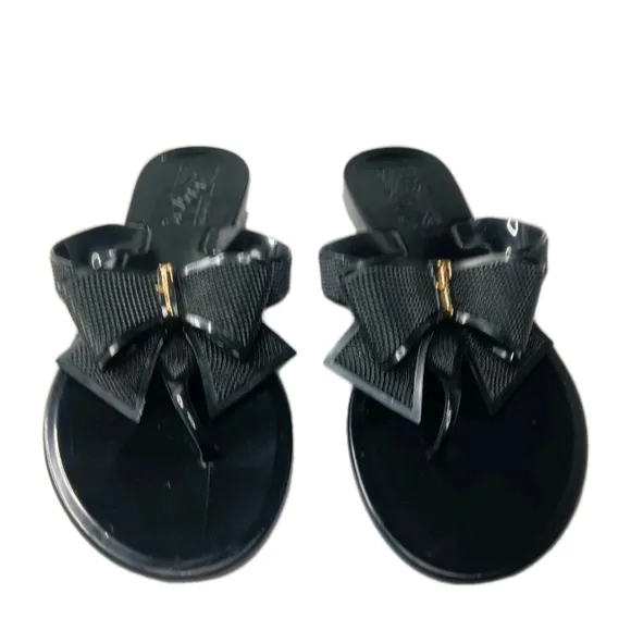Salvatore Ferragamo Black Bow Jelly Thong Sandals Size 6 Made in Italy