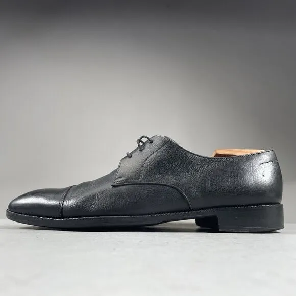 Salvatore Ferragamo Men’s 10 D Black Pebbled Leather Cap Toe Oxford Dress Shoes