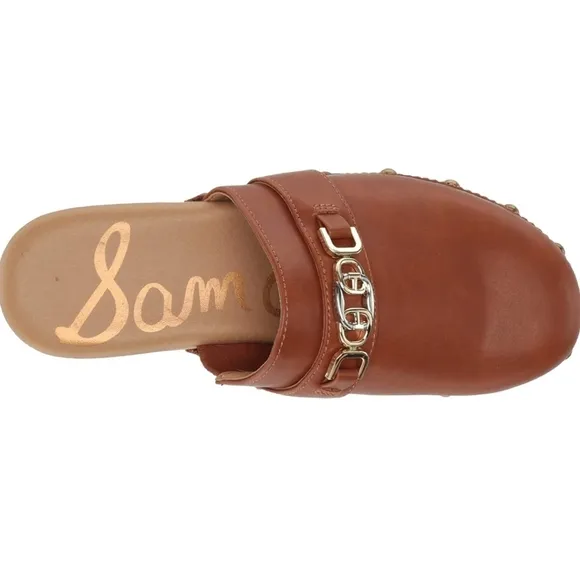 Sam Edelman Kaye Clog Shoes Slip On Leather Embellished Slippers NEW Brown Gold