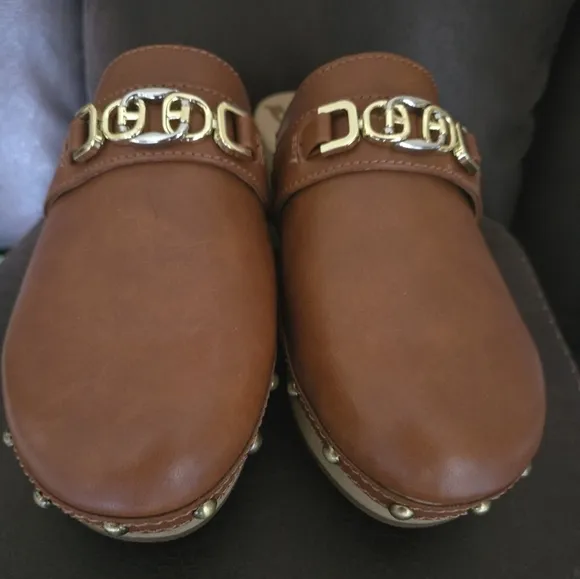 Sam Edelman Kaye Clog Shoes Slip On Leather Embellished Slippers NEW Brown Gold