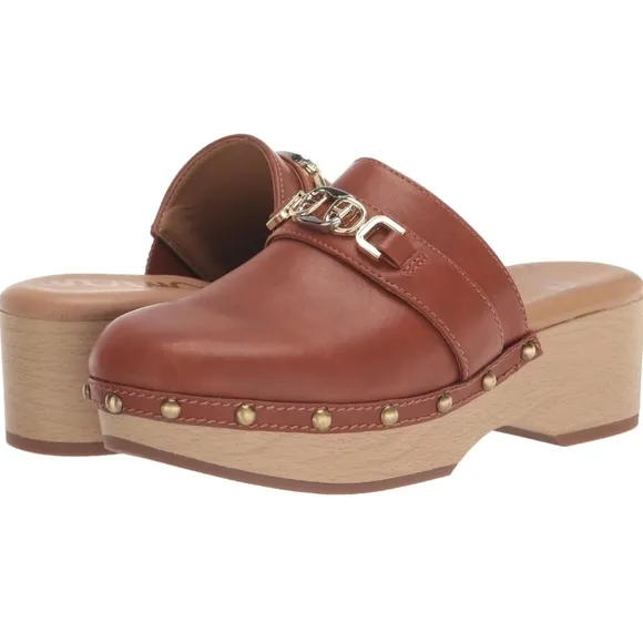 Sam Edelman Kaye Clog Shoes Slip On Leather Embellished Slippers NEW Brown Gold