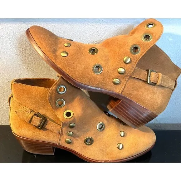 Sam Edelman Pedra Women's Grommet Detail Booties Suede Ankle Boots Brown SZ 7.5