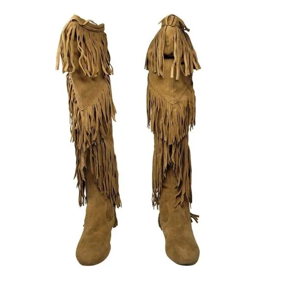Sam Edelman Womens Tan Suede Leather Fringe Over-The-Knee Boots 9.5 Festival