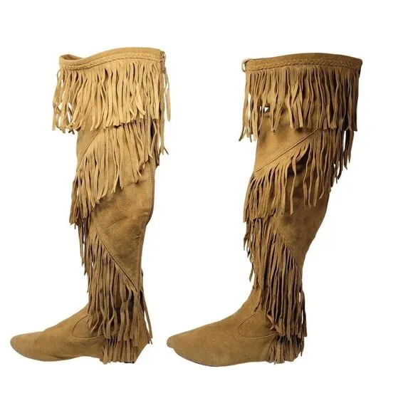 Sam Edelman Womens Tan Suede Leather Fringe Over-The-Knee Boots 9.5 Festival