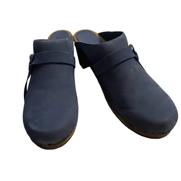 SANITA WOOD-MANUELA SQUARE OPEN OIL LEATHER CLOGS WOMEN SLIPPERS BLUE SIZE 42