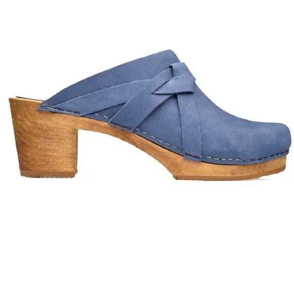 SANITA WOOD-MANUELA SQUARE OPEN OIL LEATHER CLOGS WOMEN SLIPPERS BLUE SIZE 42