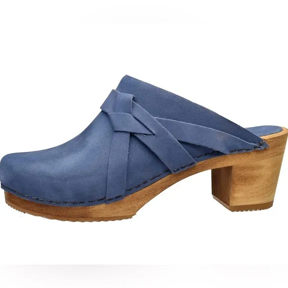 SANITA WOOD-MANUELA SQUARE OPEN OIL LEATHER CLOGS WOMEN SLIPPERS BLUE SIZE 42