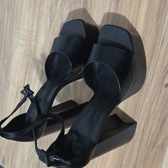 Schutz Elsie Women Sandals 8.5B Black Leather Open Toe Block Heel Platform Shoes