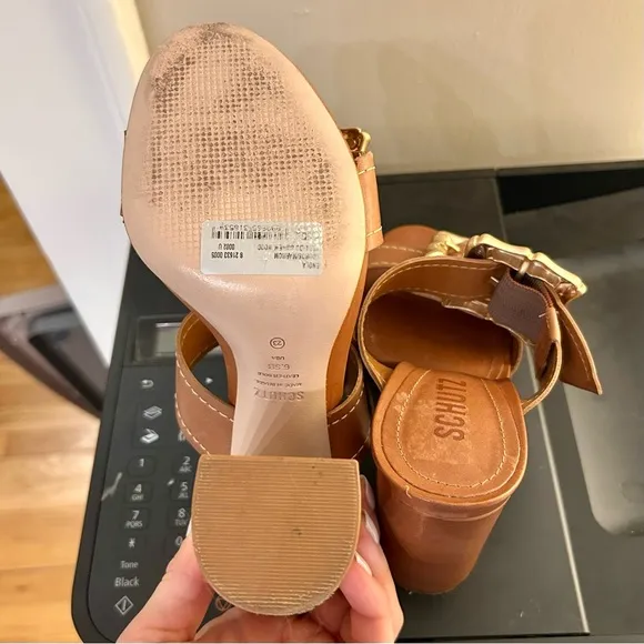 Schutz Enola Brown Leather Sandals Strap Gold Buckle Block Heel