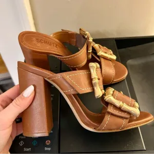 Schutz Enola Brown Leather Sandals Strap Gold Buckle Block Heel