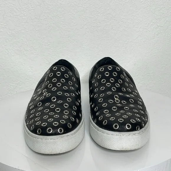 SCHUTZ GROMMET STUDDED BLACK LEATHER SLIP ON SNEAKERS