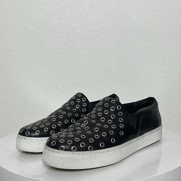 SCHUTZ GROMMET STUDDED BLACK LEATHER SLIP ON SNEAKERS