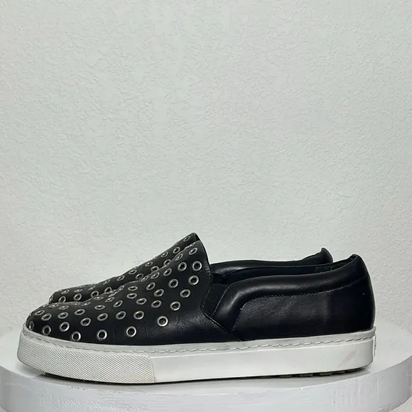 SCHUTZ GROMMET STUDDED BLACK LEATHER SLIP ON SNEAKERS