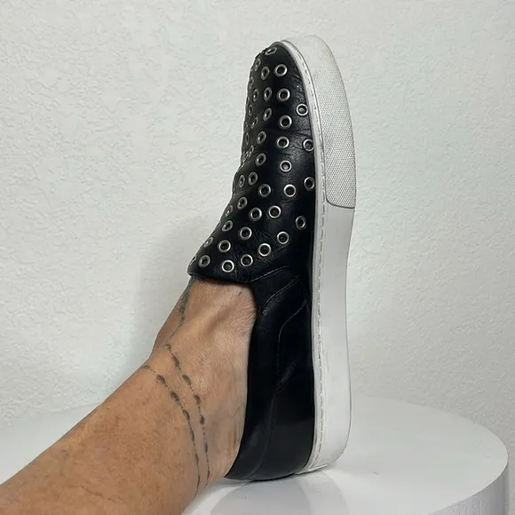 SCHUTZ GROMMET STUDDED BLACK LEATHER SLIP ON SNEAKERS