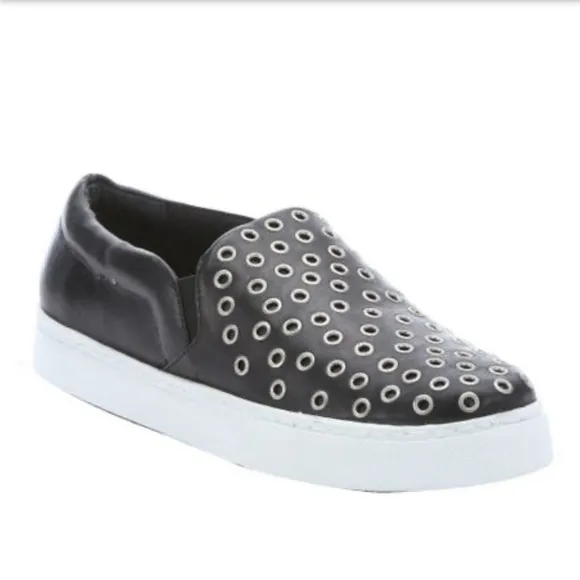 SCHUTZ GROMMET STUDDED BLACK LEATHER SLIP ON SNEAKERS