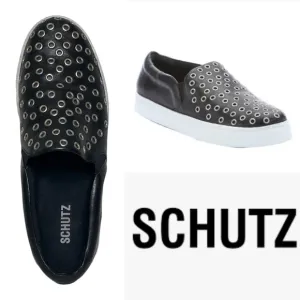 SCHUTZ GROMMET STUDDED BLACK LEATHER SLIP ON SNEAKERS
