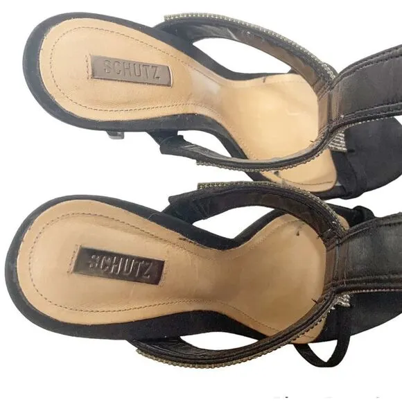 Schutz Shoes Women’s Black Suede Heeled Sandals Crystal Straps Size 6B 37 Eur