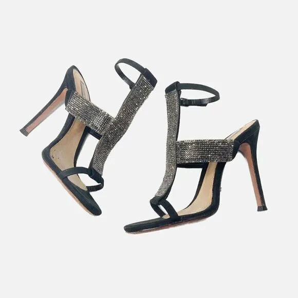 Schutz Shoes Women’s Black Suede Heeled Sandals Crystal Straps Size 6B 37 Eur